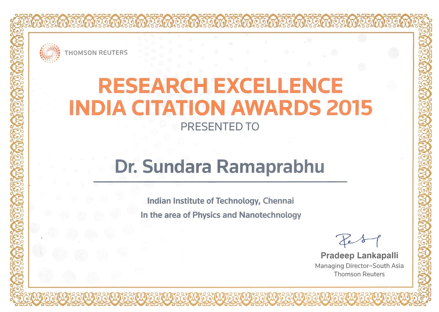 Certificate: Research Excellence India Citation Awards 2015, presented to Dr. Sundara Ramaprabhu by Thomson Reuters