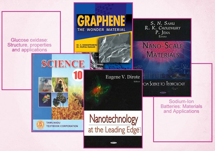 Book covers including Graphene: The Wonder Material, Nano-Scale Materials, Nanotechnology at the Leading Edge, and Science Class 10
