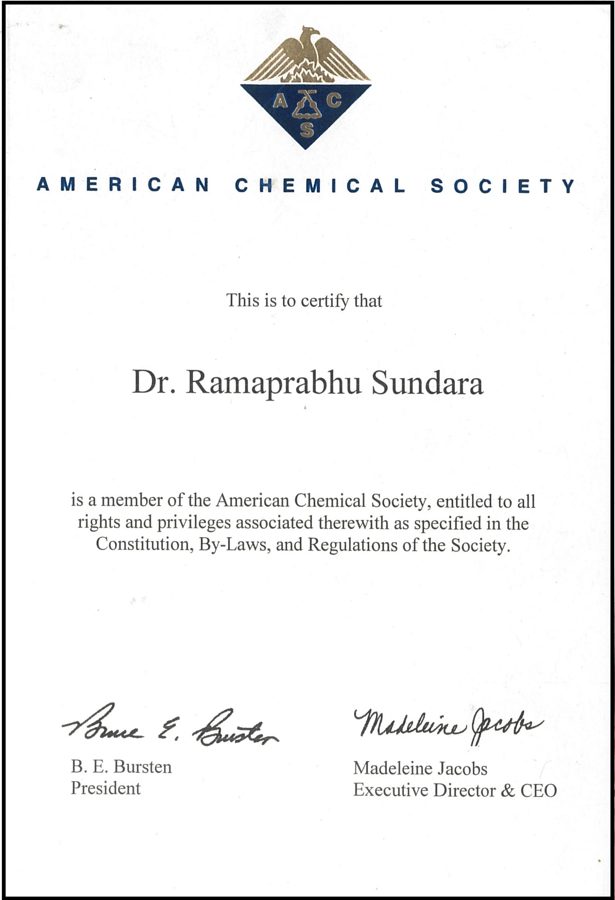 American Chemical Society membership certificate for Dr. Ramaprabhu Sundara